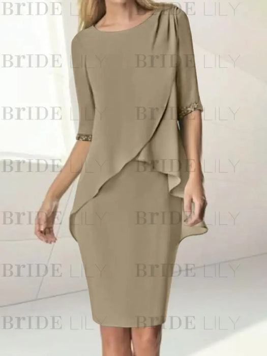 Taupe chiffon overlay mother of the bride knee length dress with beading