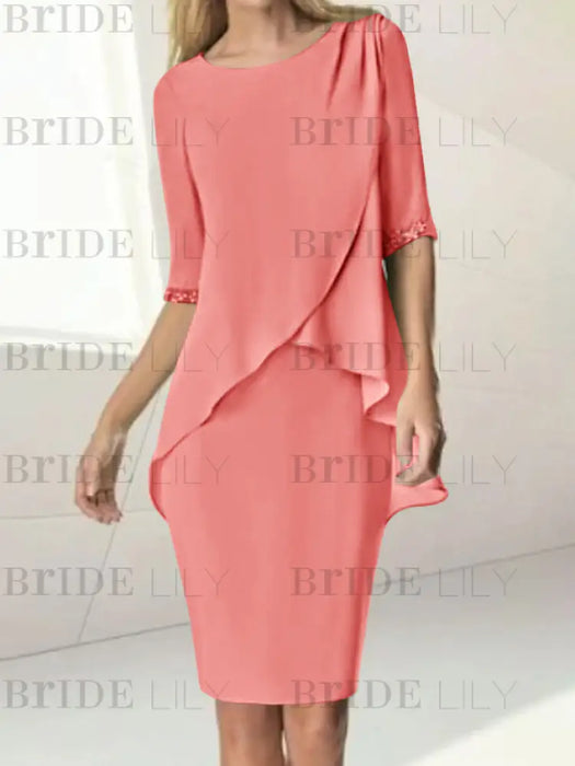Watermelon chiffon overlay mother of the bride knee length dress with beading
