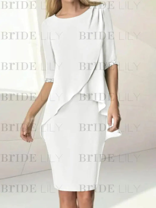 White chiffon overlay mother of the bride knee length dress with beading