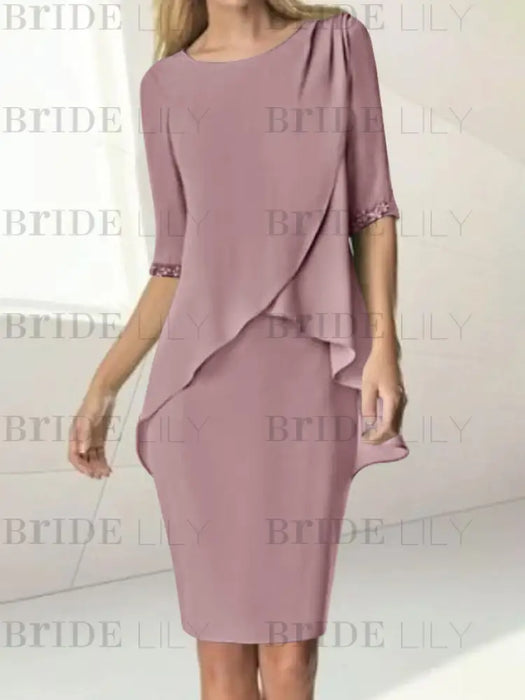 Wisteria chiffon overlay mother of the bride knee length dress with beading