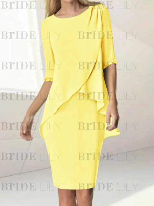 Yellow chiffon overlay mother of the bride knee length dress with beading