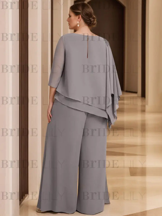 Back view of mauve grey chiffon pantsuit with keyhole back