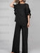 Chiffon pantsuit with ruffle cape top in black, front view