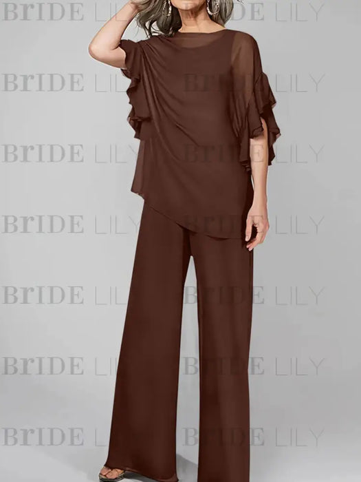 Chiffon pantsuit with ruffle cape top in chocolate brown