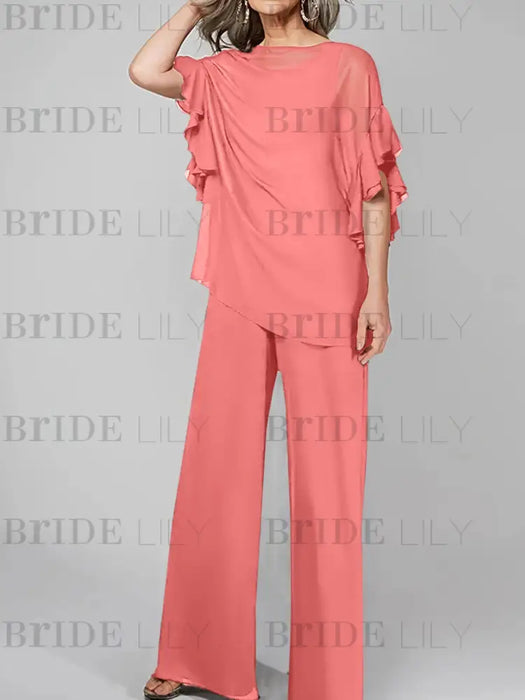 Chiffon pantsuit with ruffle cape top in coral