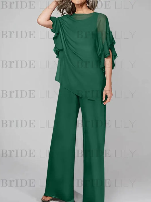 Chiffon pantsuit with ruffle cape top in emerald green