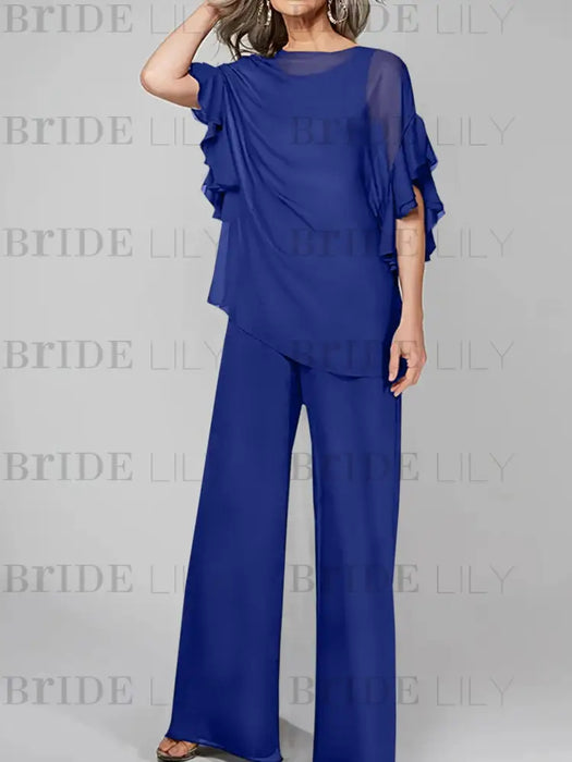Chiffon pantsuit with ruffle cape top in royal blue