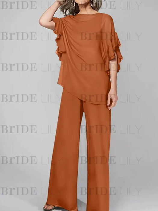Chiffon pantsuit with ruffle cape top in rust orange