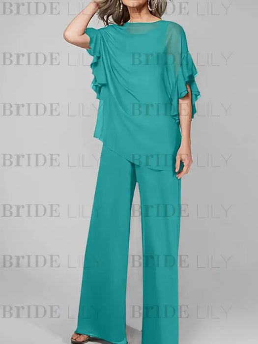 Chiffon pantsuit with ruffle cape top in teal