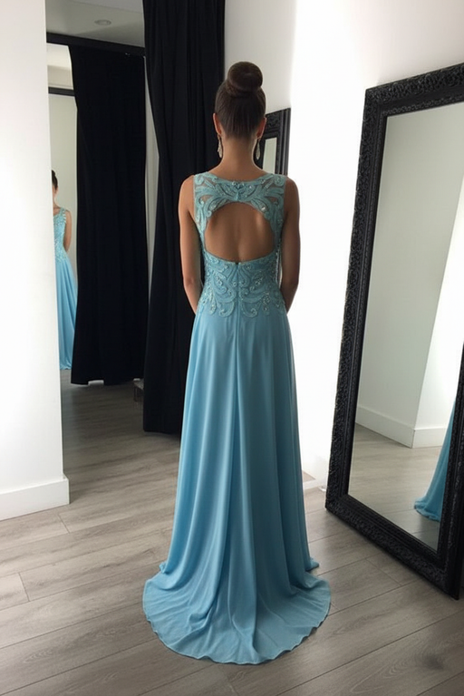Chiffon A-Line Prom Dress Scoop Neck with Lace Appliques