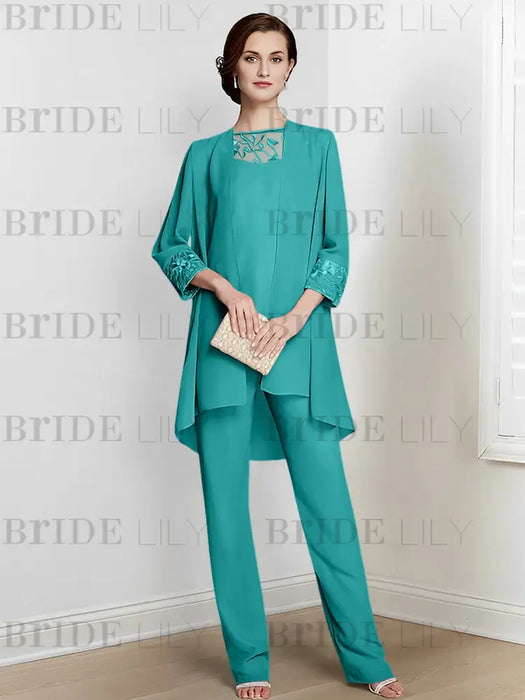 Aqua Blue chiffon three piece mother of the bride pantsuit with long jacket
