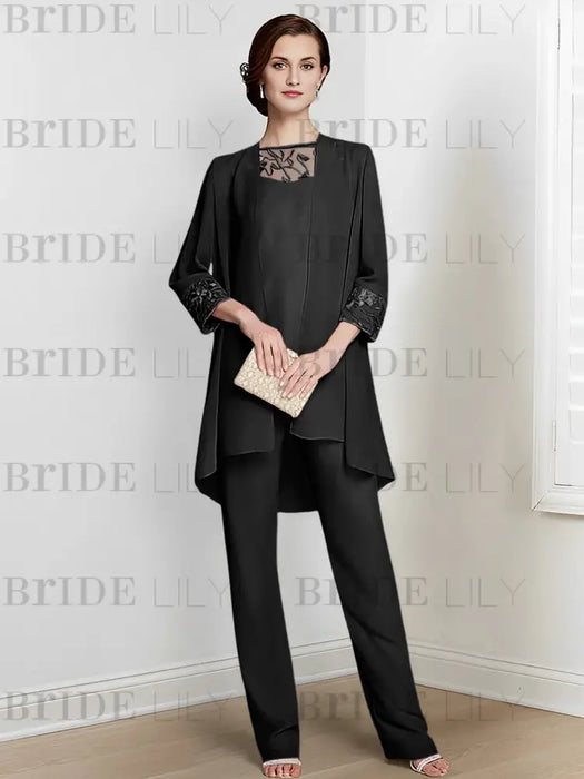 Black chiffon three piece mother of the bride pantsuit with long jacket