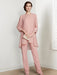 Chiffon three piece pantsuit with an embroidered yoke and jacket in blush pink