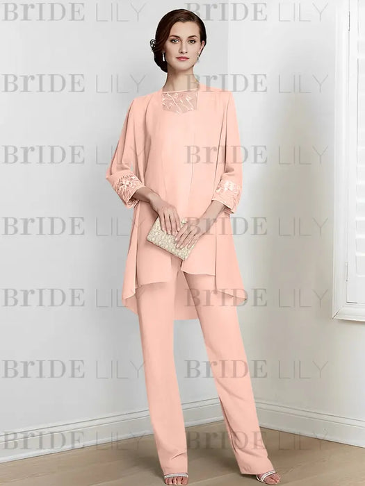 Blush Pink chiffon three piece mother of the bride pantsuit with long jacket