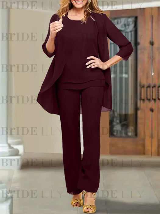 Chiffon three piece pantsuit with an open jacket in burgundy