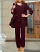 Chiffon three piece pantsuit with an open jacket in burgundy