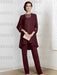 Burgundy chiffon three piece mother of the bride pantsuit with long jacket