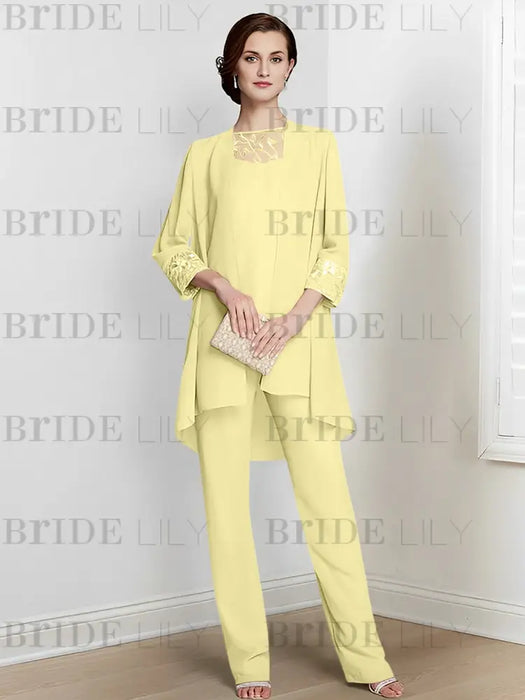 Canary chiffon three piece mother of the bride pantsuit with long jacket