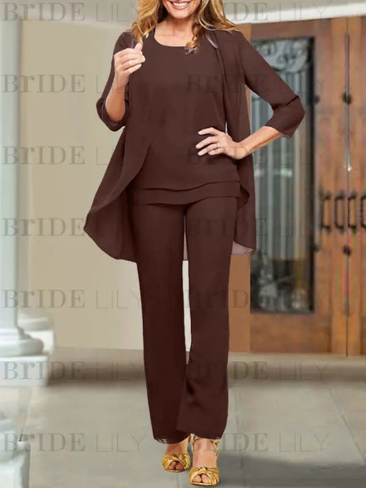 Chiffon three piece pantsuit with an open jacket in chocolate brown