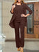 Chiffon three piece pantsuit with an open jacket in chocolate brown