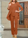 Chiffon three piece pantsuit with an open jacket in cinnamon brown