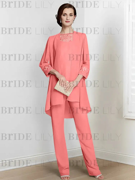 Coral chiffon three piece mother of the bride pantsuit with long jacket
