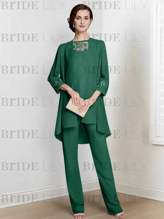 Dark Green chiffon three piece mother of the bride pantsuit with long jacket