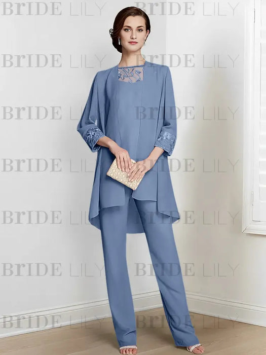 Chiffon three piece pantsuit with an embroidered yoke in dusty blue