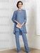 Chiffon three piece pantsuit with an embroidered yoke in dusty blue