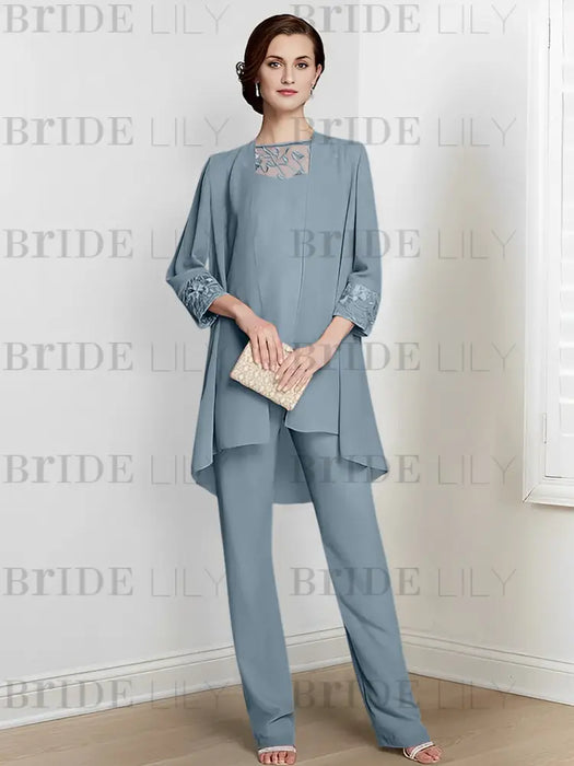 Dusty Blue chiffon three piece mother of the bride pantsuit with long jacket
