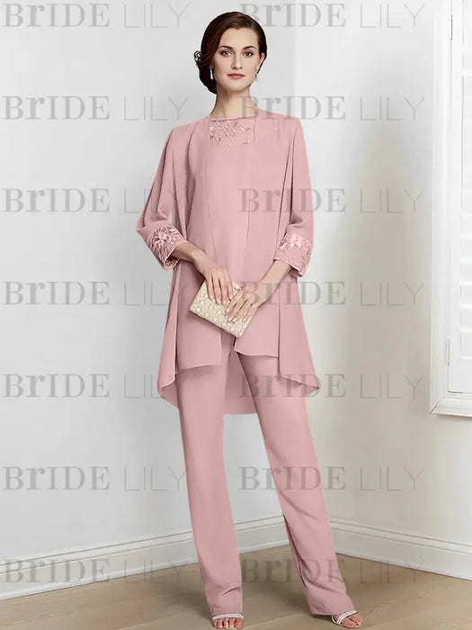 Dusty Pink chiffon three piece mother of the bride pantsuit with long jacket