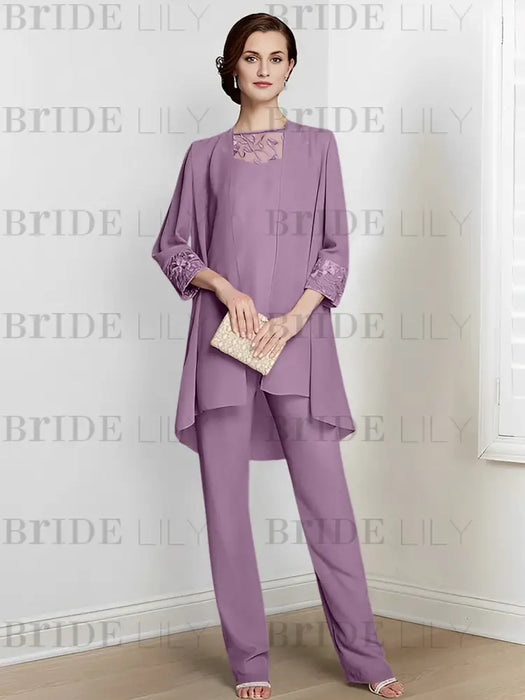 Dusty Purple chiffon three piece mother of the bride pantsuit with long jacket