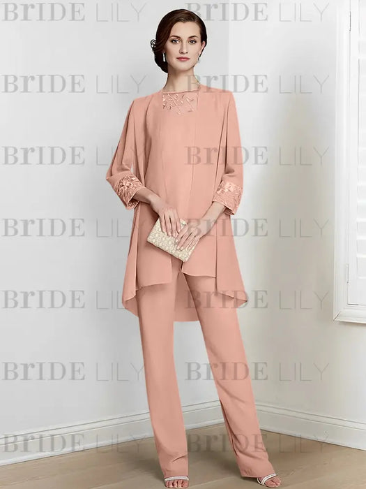 Dusty Rose chiffon three piece mother of the bride pantsuit with long jacket