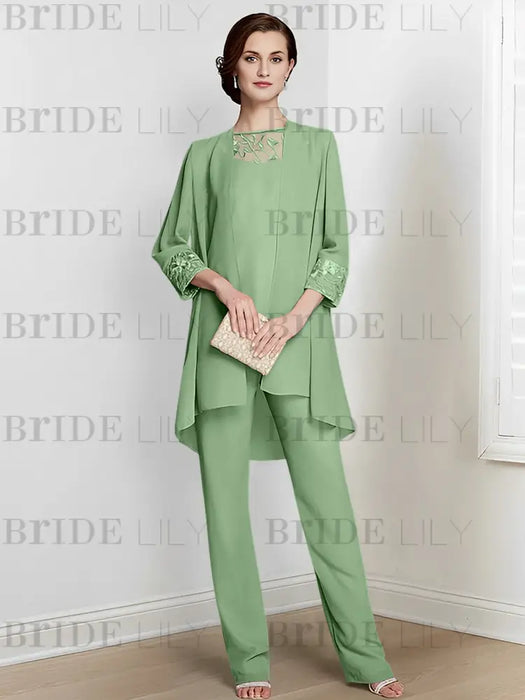 Dusty Sage chiffon three piece mother of the bride pantsuit with long jacket