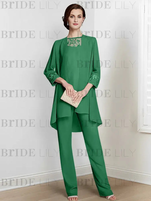 Emerald chiffon three piece mother of the bride pantsuit with long jacket