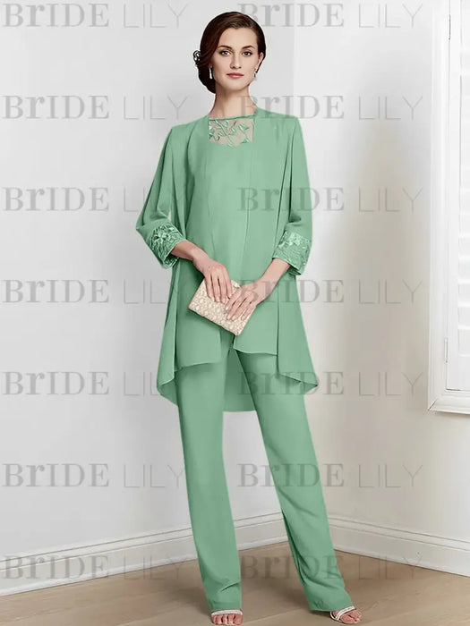Eucalyptus chiffon three piece mother of the bride pantsuit with long jacket