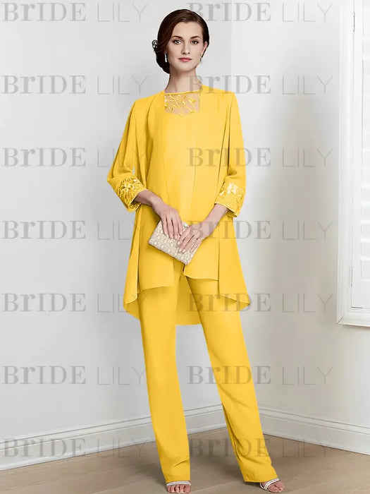 Gold chiffon three piece mother of the bride pantsuit with long jacket