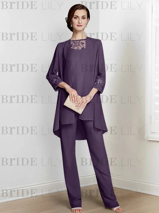 Grape chiffon three piece mother of the bride pantsuit with long jacket