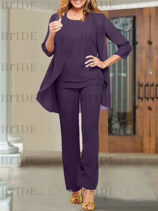 Grape chiffon three piece mother of the bride pantsuit with open jacket