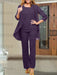 Grape chiffon three piece mother of the bride pantsuit with open jacket