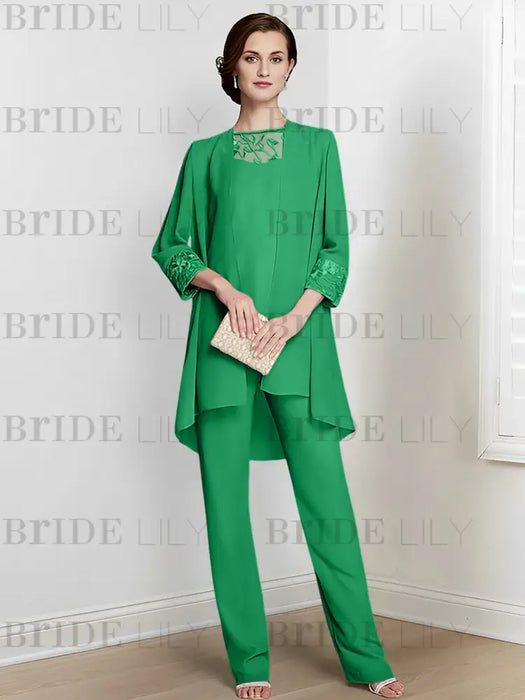 Green chiffon three piece mother of the bride pantsuit with long jacket