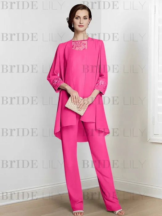 Hot Pink chiffon three piece mother of the bride pantsuit with long jacket
