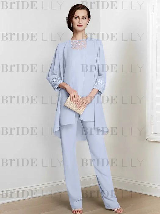 Lavender chiffon three piece mother of the bride pantsuit with long jacket
