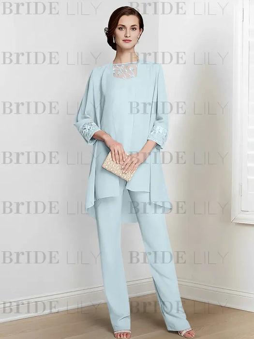 Light Blue chiffon three piece mother of the bride pantsuit with long jacket