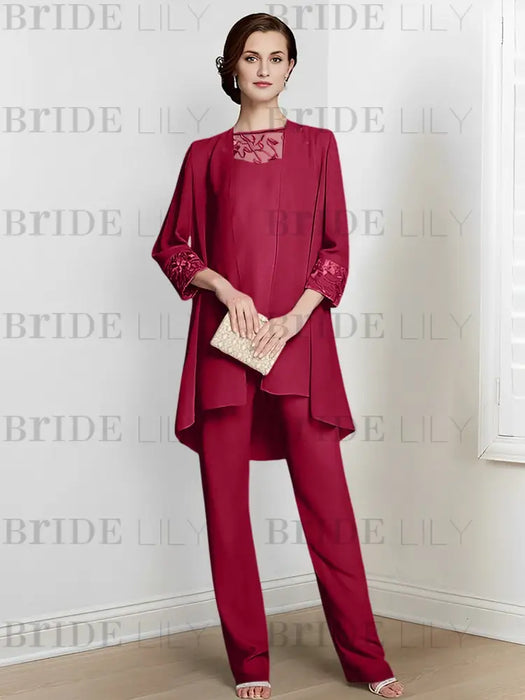 Light Burgundy chiffon three piece mother of the bride pantsuit with long jacket