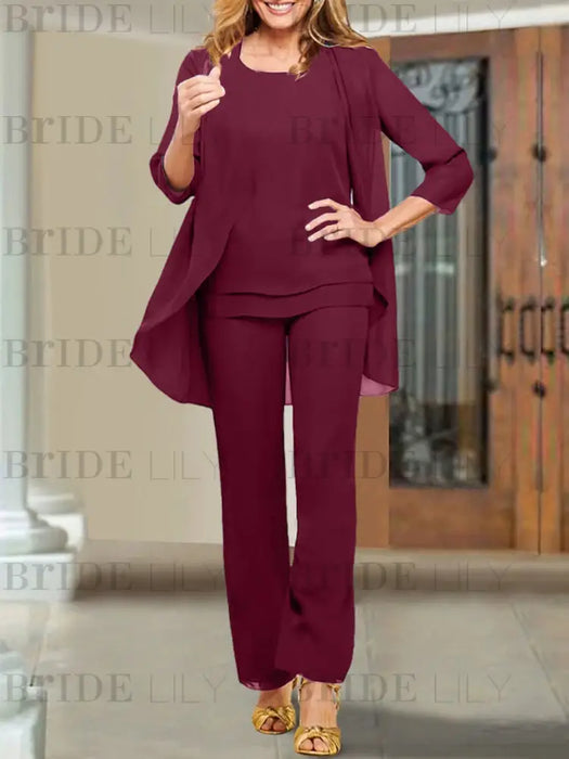 Light Burgundy chiffon three piece mother of the bride pantsuit with open jacket