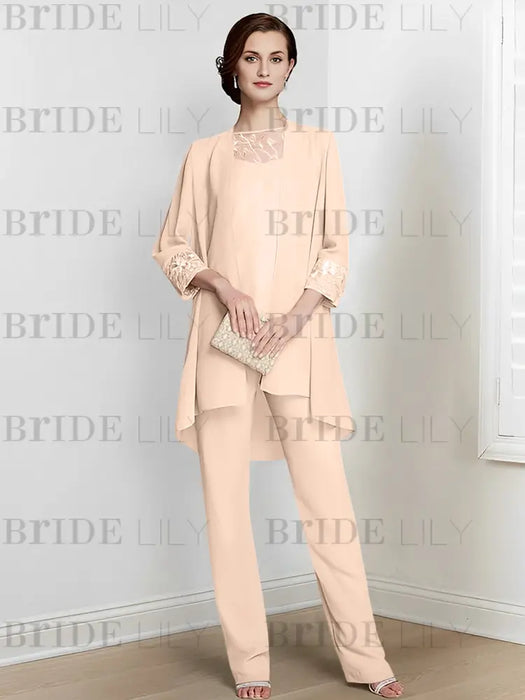 Light Champagne chiffon three piece mother of the bride pantsuit with long jacket