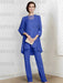 Light Royal Blue chiffon three piece mother of the bride pantsuit with long jacket