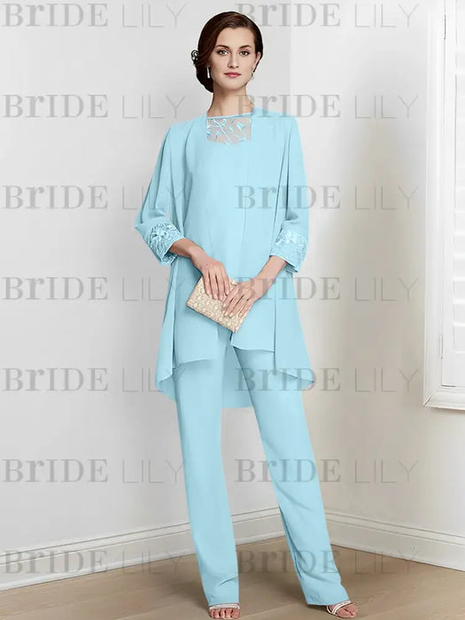 Light Sky Blue chiffon three piece mother of the bride pantsuit with long jacket
