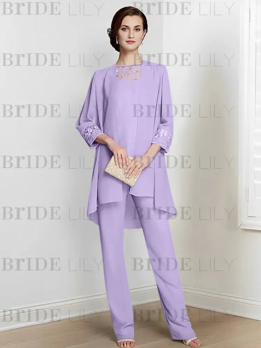 Lilac chiffon three piece mother of the bride pantsuit with long jacket